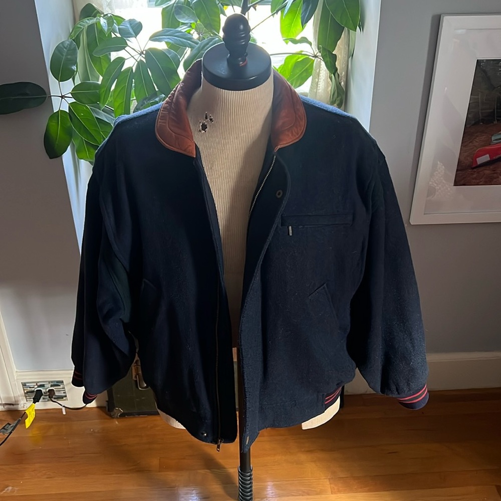 Gant Navy Bomber Jacket with Brown Leather Collar.